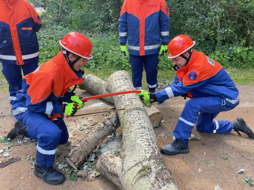 Zwei Jugendfeuerwehrmitglieder sägen gemeinsam einen Baumstamm bei einer Übung